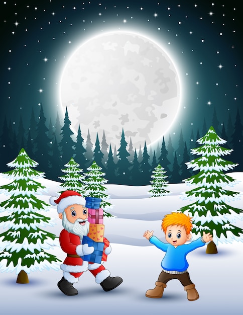 Happy christmas with santa claus holding a box gift and little boy in winter