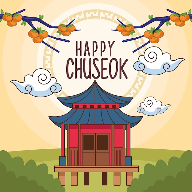 happy chuseok celebration with chinese building in landscape