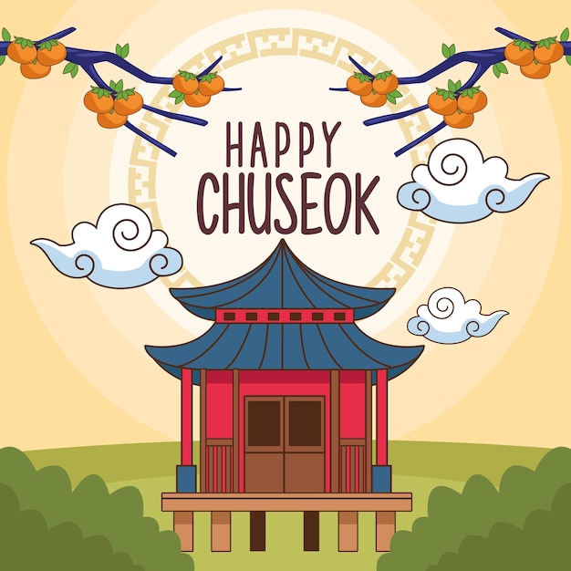 Felice celebrazione chuseok con edificio cinese nel paesaggio