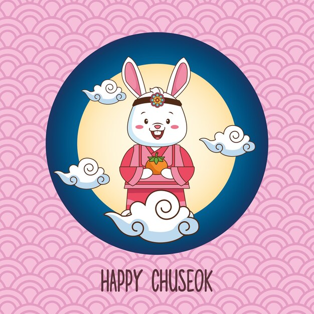 Happy chuseok celebration with rabbit lifting orange fruit in fullmoon