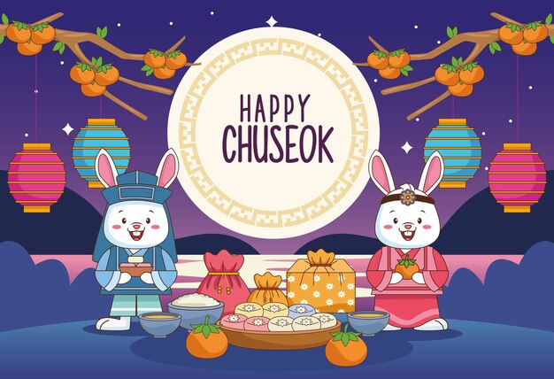 Vector happy chuseok celebration with rabbits couple and food scene