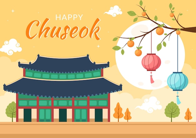 Happy Chuseok Day in Korea for Thanksgiving in Flat Cartoon Illustration