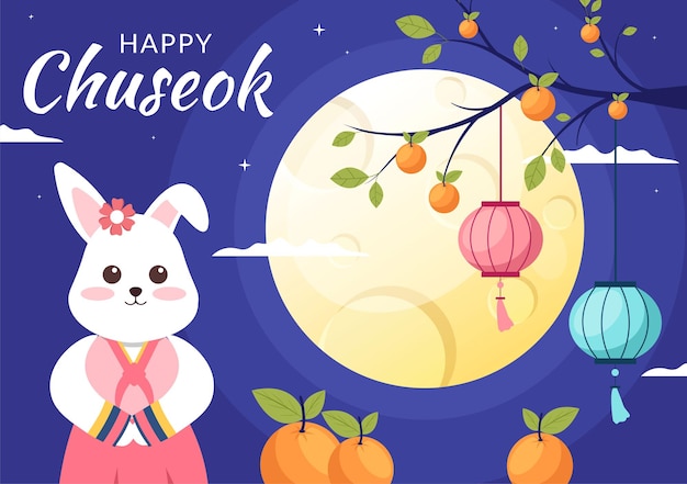Happy Chuseok Day in Korea for Thanksgiving in Flat Cartoon Illustration