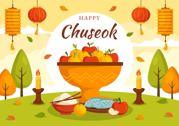 Happy Chuseok Day Vector Illustration of Korean Thanksgiving Event with Harvest Festival Celebrate