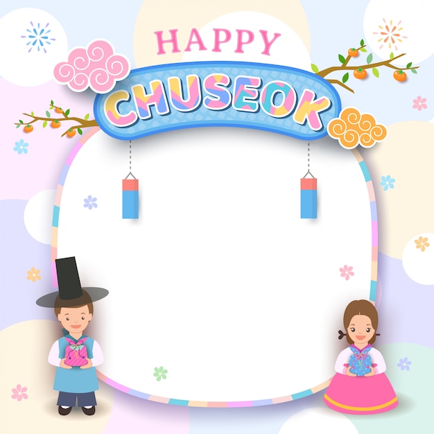 Happy chuseok frame with boy and girl korean