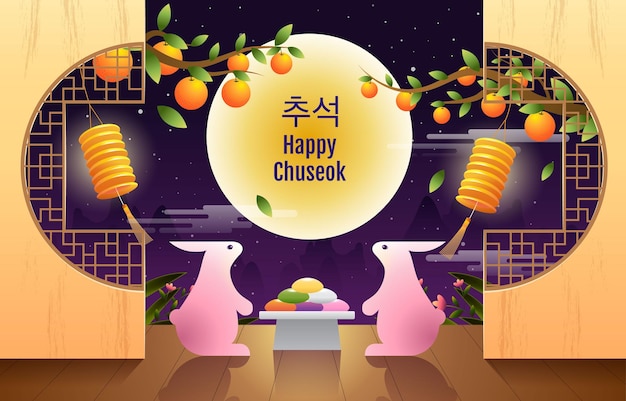 Happy chuseok mid autumn festival rabbits fantasy background