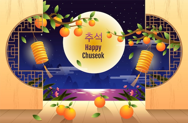 Happy Chuseok, Mid autumn festival. rabbits , Moon Festival ,vector illustration.