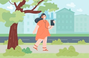 Вектор Счастливый горожанин в наушниках слушает музыку во время прогулки. девушка с телефоном и наушниками на улице, битник образ жизни плоский векторные иллюстрации. активный отдых, отдых, молодежная концепция