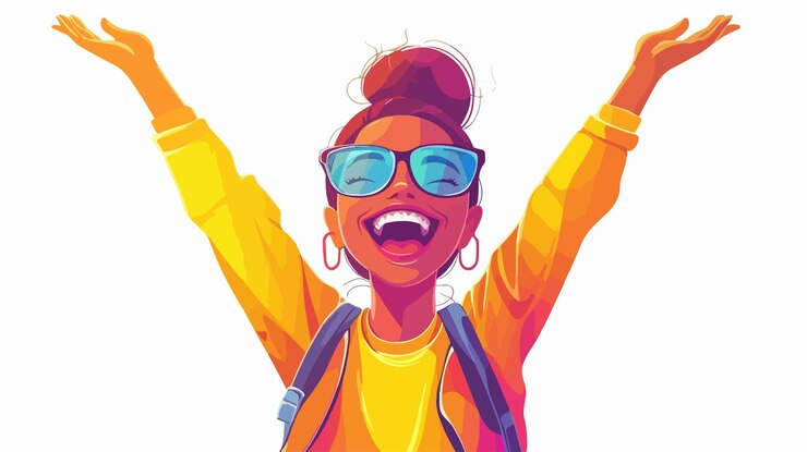 Vector happy college student with glasses smiling in wideangle view