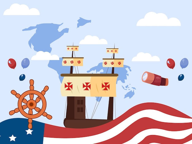 happy columbus day card map navigatie tools cartoons, met vlag amerika ontdekkingsviering,