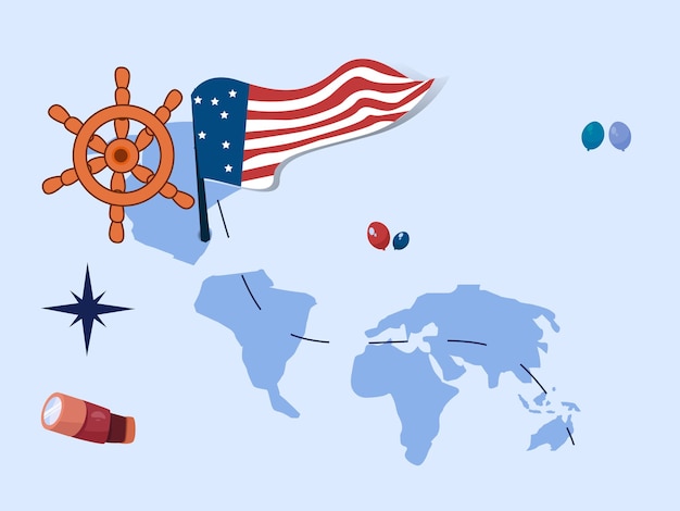С Днем Колумба, карта, карта, навигационные инструменты, мультфильмы, с флагом, празднование открытия Америки