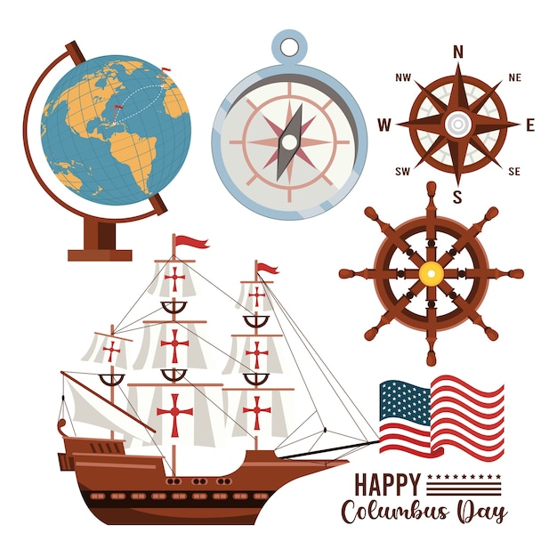 Vector happy columbus day celebration with sailboat and set icons.