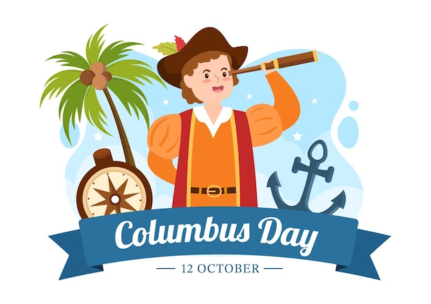 Illustrazione del fumetto disegnato a mano di festa nazionale di columbus day felice in priorità bassa piana di stile