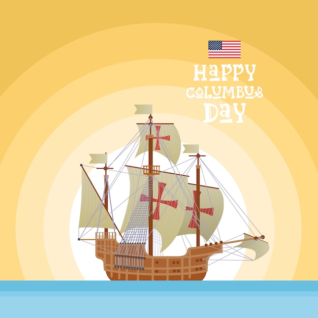 Cartolina d'auguri felice di festa di usa di columbus day felice con l'acqua blu dell'oceano della nave