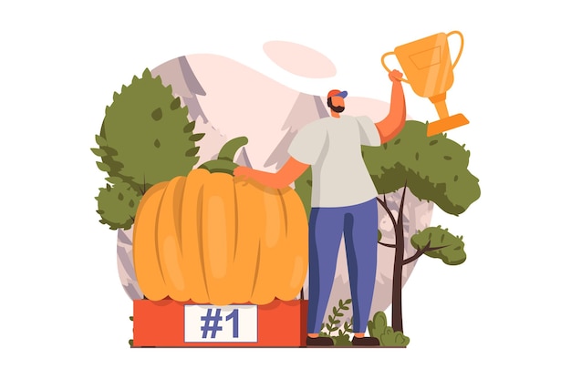 Happy competition champions web concept in flat design farmer standing near huge pumpking