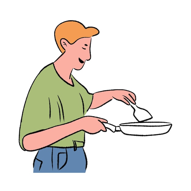 Happy confident man cooking with pan