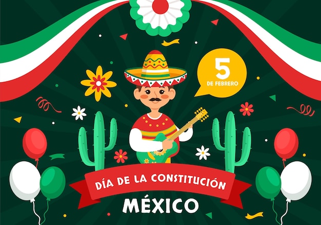 Happy Constitution Day of Mexico on February 5 with Mexican Hat and Flag Background Illustration