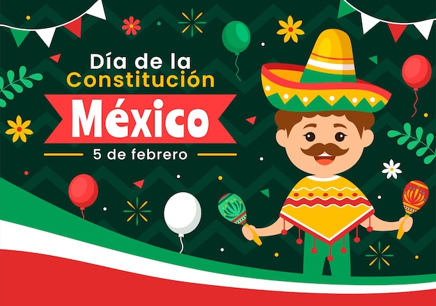 Happy Constitution Day of Mexico on February 5 with Mexican Hat and Flag Background Illustration