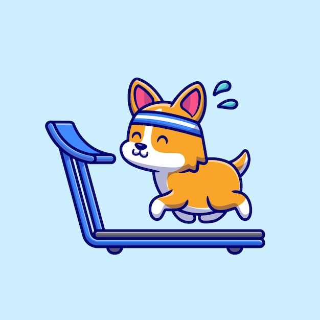 Happy Corgi Running On The Treadmill Cartoon Vector Icon Illustration.