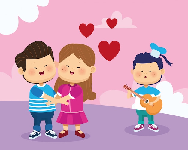Vector happy couple and boy singing and playing guitar