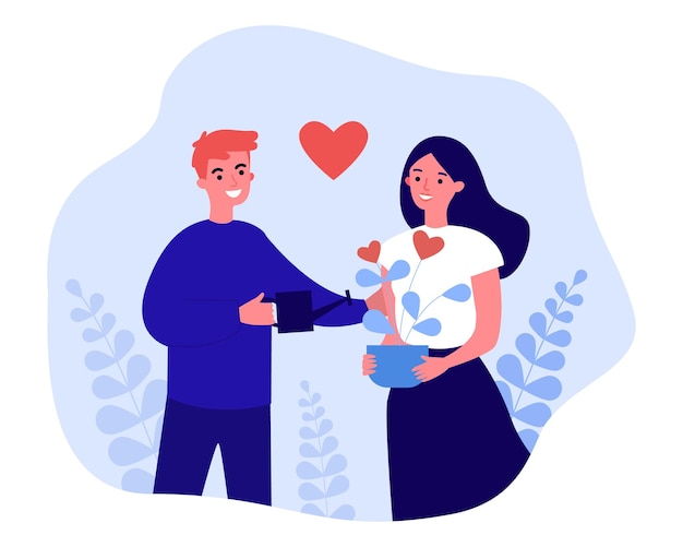 Happy couple building romantic relationship. male character watering, growing heart flower flat vector illustration. love and harmony in family concept for banner, website design or landing web page