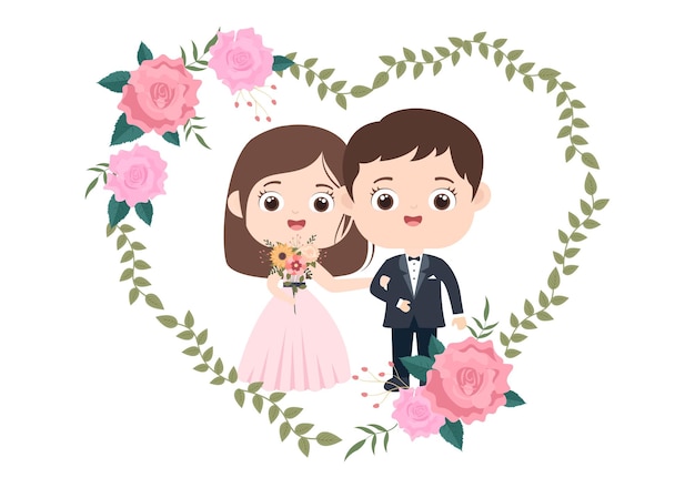 Coppia felice che celebra il matrimonio o la cerimonia sposata illustrazione con decorazioni floreali all'aperto