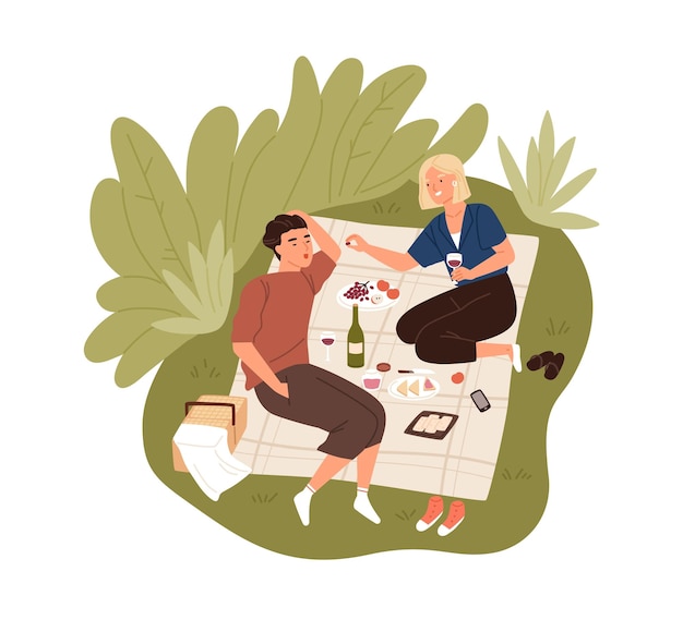 Vector happy couple on date outdoors. man and woman spending summertime together resting on picnic blanket in nature. young lovers drinking wine, eating and relaxing outside. flat vector illustration.