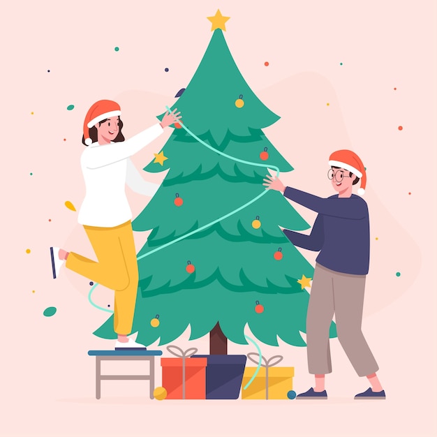 Happy Couple Decorate Christmas Tree Together