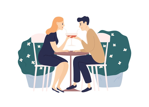 Happy couple drink beverage from one glass using straw sit at table isolated on white. joyful man and woman enjoying wine at summer street cafe vector flat illustration. people having romantic date.