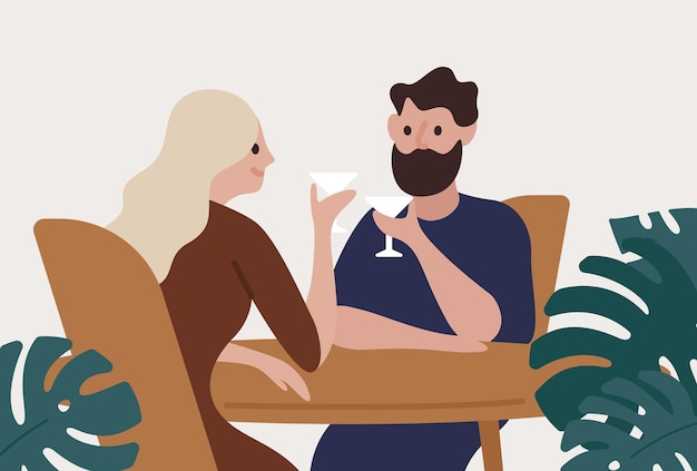 Vector happy couple drinking cocktails at bar vector flat illustration. smiling man and woman enjoying meeting surrounded by tropical plants isolated on white. people with alcohol at cafe.