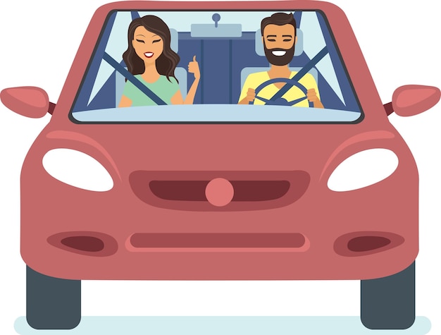 Happy couple driving car