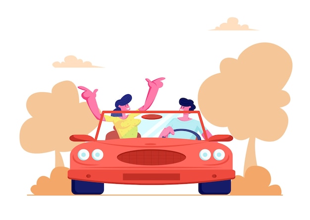 Vector happy couple driving red cabriolet car