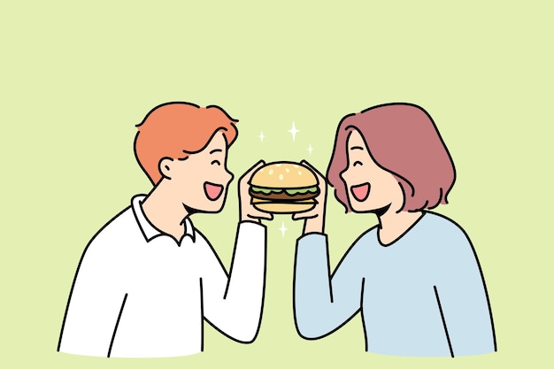 Happy couple eating burger together