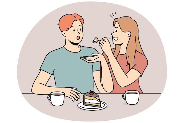 Happy couple eating cake together Smiling woman feed man delicious dessert drinking tea Vector illustration