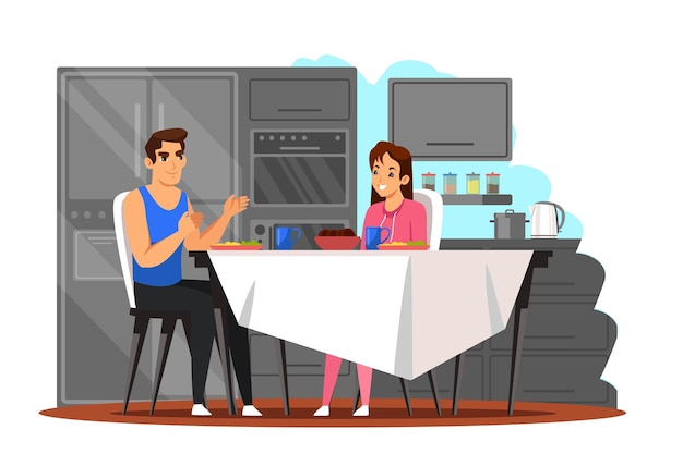 Vector happy couple eating dinner at home. young family at kitchen sitting at table together.