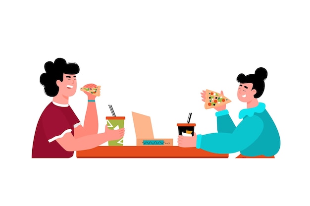 Happy couple eating pizza at cafe isolated vector illustration of man and woman with fast food and drinks having a meal together Vector illustration