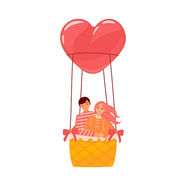 Happy couple embracing in hot air balloon Romantic illustration of dating on Valentines day