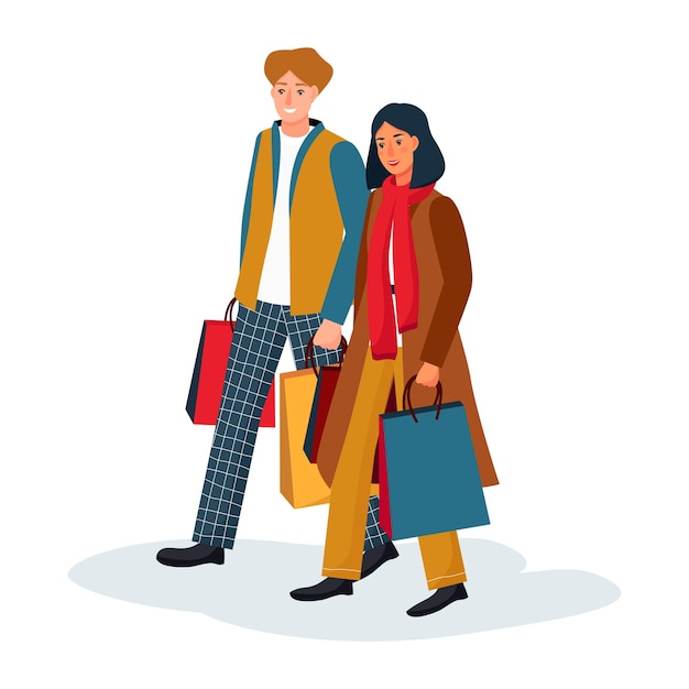 Вектор Счастливая пара идет с бумажными хозяйственными сумками молодой стильный мужчина женщина идет за подарками