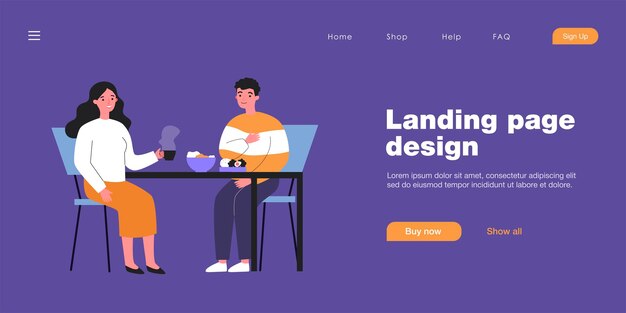 Happy couple having breakfast together. Boyfriend and girlfriend chatting at table in kitchen flat vector illustration. Romance, relationship concept for banner, website design or landing web page