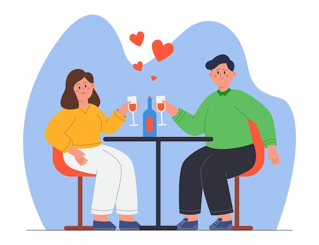 Vector happy couple having romantic date at restaurant. man and woman sitting at table, drinking wine, having dinner together flat vector illustration. love, relationship concept