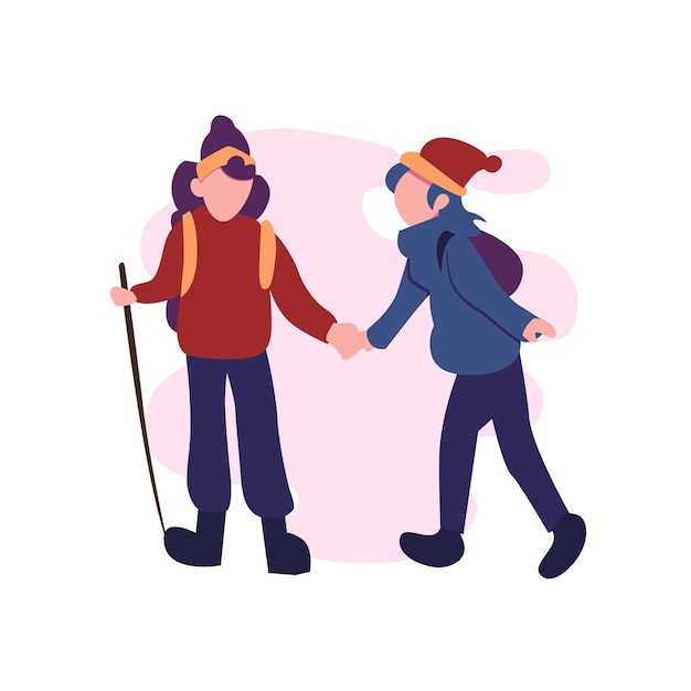 Vector happy couple hiking together flat illustration