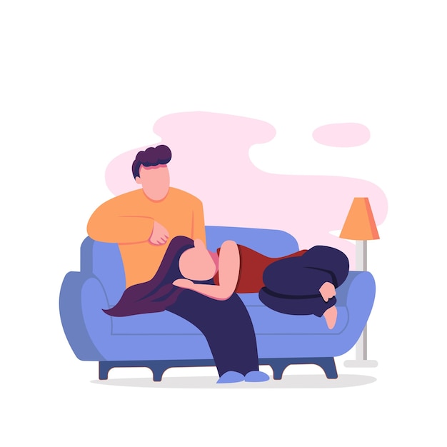 Happy couple indulge at home flat illustration