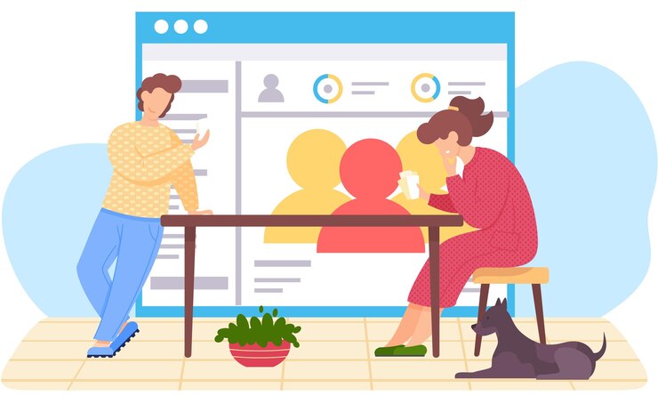 Vector happy couple is playing cards the dog lies under the table the image of people and society on the poster on the background smiling girl thinks the next move guy holds a card in his hands