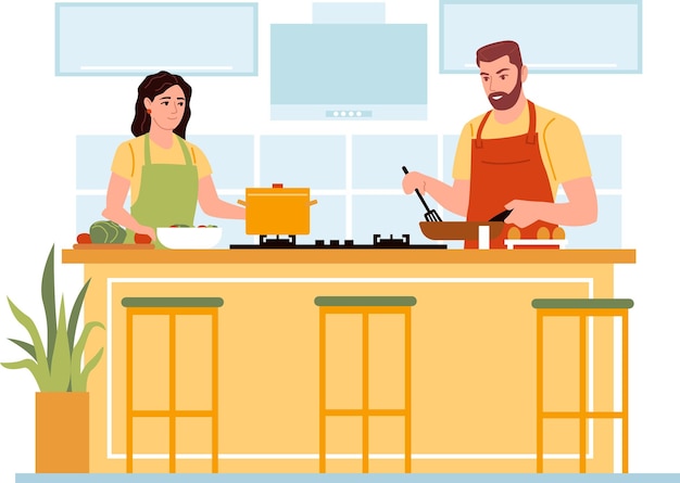 Vettore coppia felice in cucina uomo e donna che cucinano insieme isolati su sfondo bianco