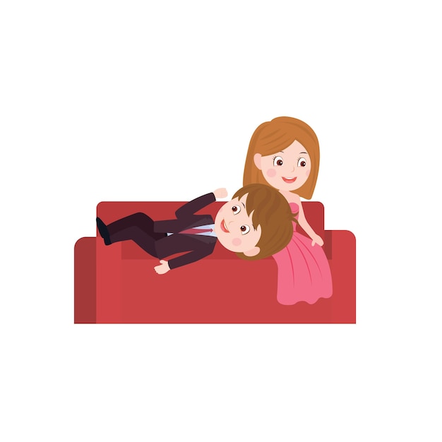 Счастливая влюбленная пара обнимается на уютном диване, изолированном на белом фоне. Иллюстрация пары.
