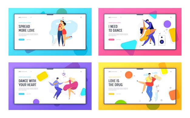 Vector happy couple in love landing page. man kissing his girlfriend. woman hugs boyfriend.