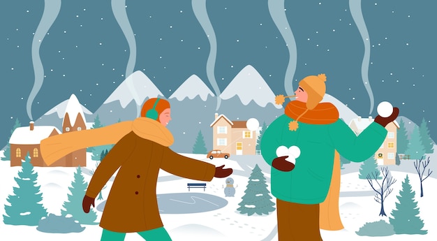 Vector happy couple people enjoy christmas winter sport activity