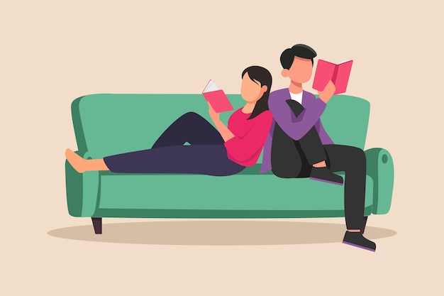 Happy couple reading books class it up concept flat vector illustration isolated