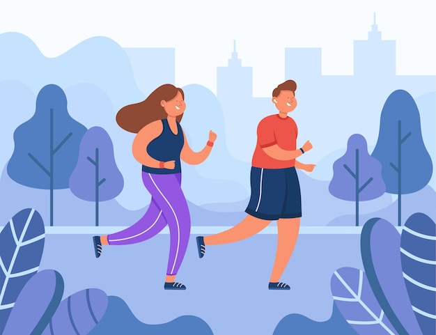 Vector happy couple running in park in summer morning. man and woman jogging together.