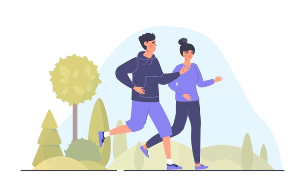 Vector happy couple running at summer park concept man and woman in sportswear doing cardio running